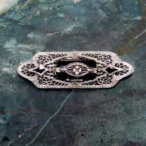 SOLD---Vintage Filigree Bar Brooch 925 Sterling Silver Black Onyx  Signed DB